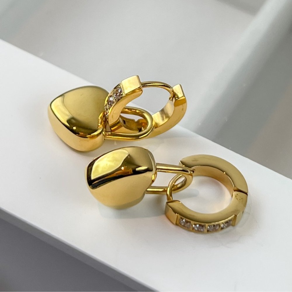 Gold Plated Huggie Hoop Heart Earrings Heart Pendant Earrings - Picture 4 of 11